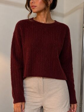 DKNY Jeans Burgundy Cable Knit Sweater Women Size M Knitwear Long Sleeve Cozy